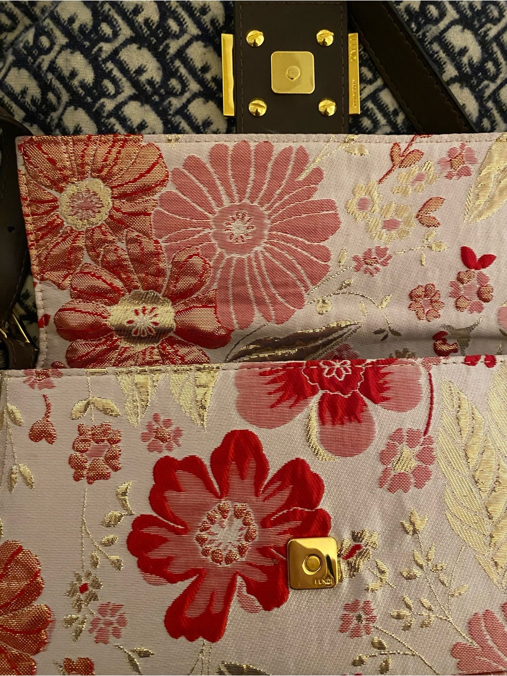 Inspired Floral Pink Embroidered Shoulder Bag with Gold Hardware - Picture 5 of 9